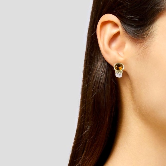 Judith Ripka JR TWO Sterling Silver 18K Gold Citrine & Diamond Huggie Earrings - Picture 10 of 12